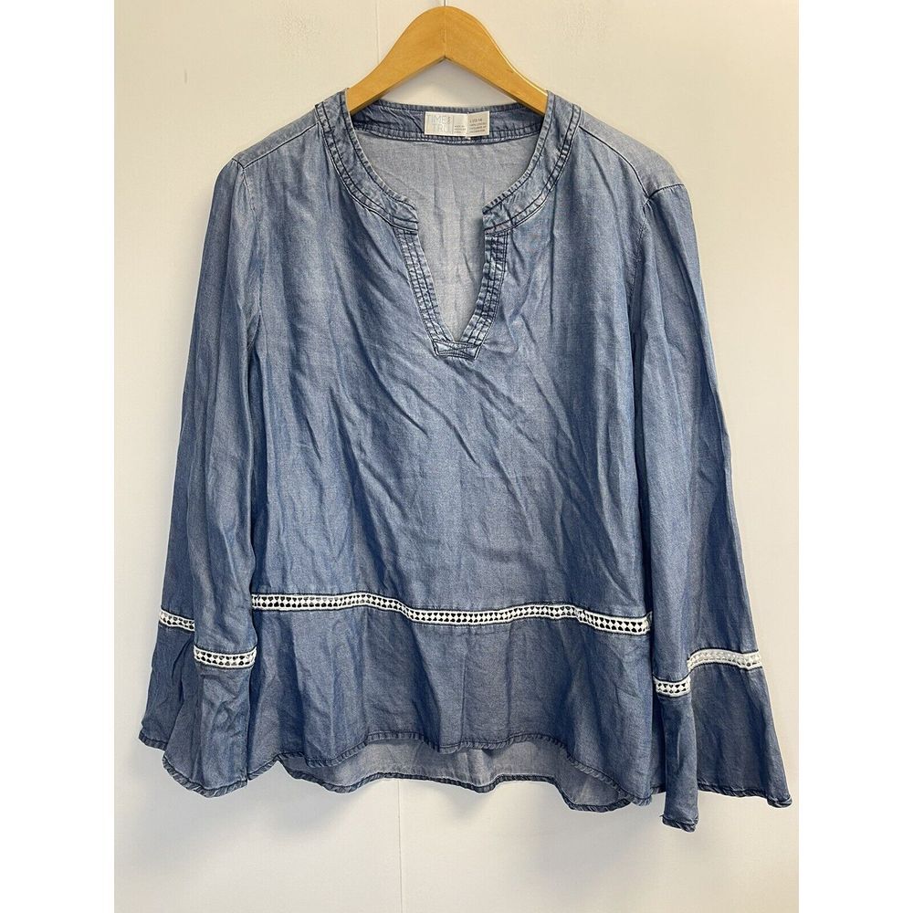 Time And Tru Womens L‎ 12-14 Split Neck Bell Sleeves Denim Jean Blue Blouse Top